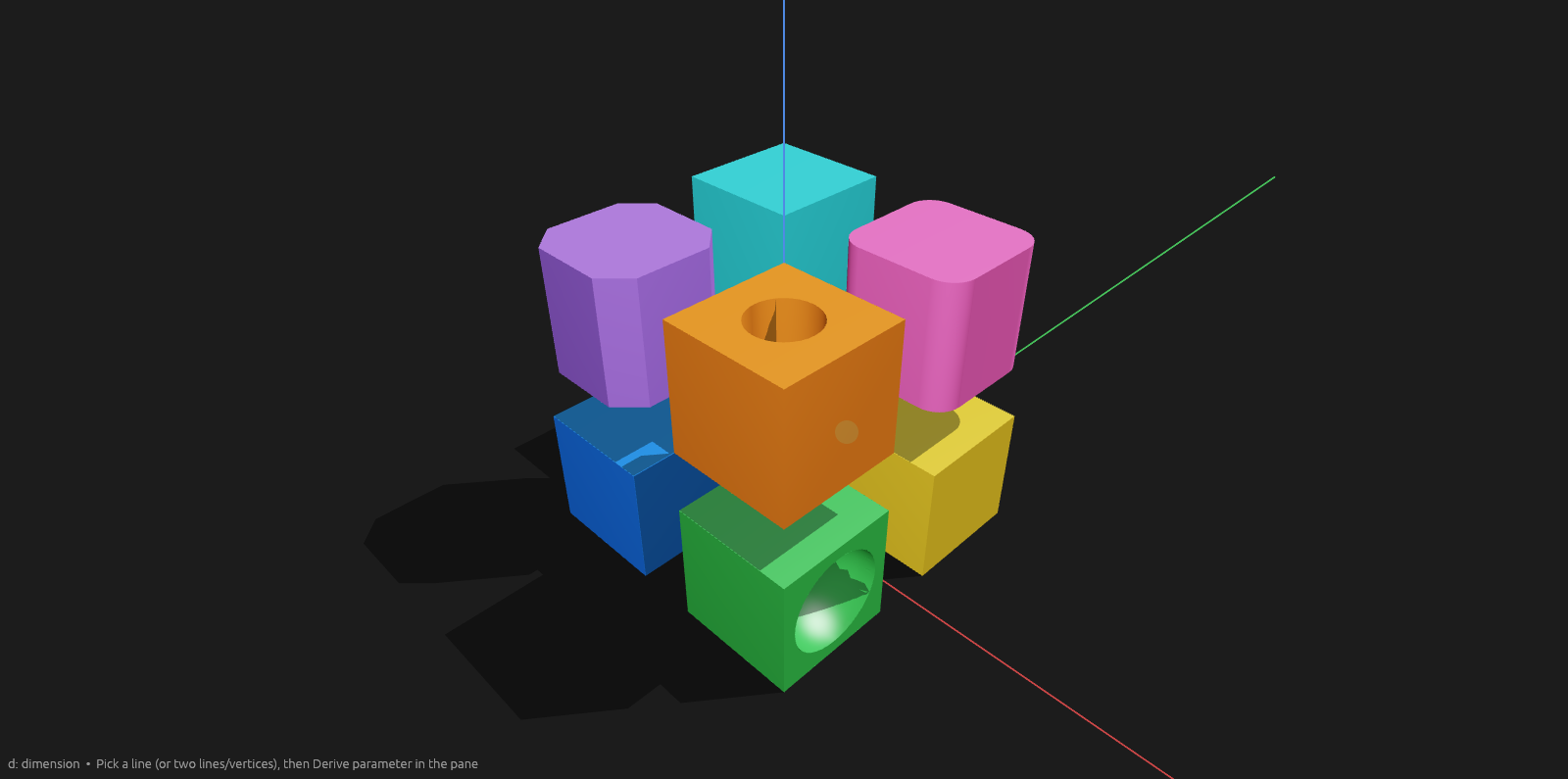 Nine cubes in a 2×2×2 with a centre cube, each a different material colour, some with a hole, sphere bite, chamfer or fillet