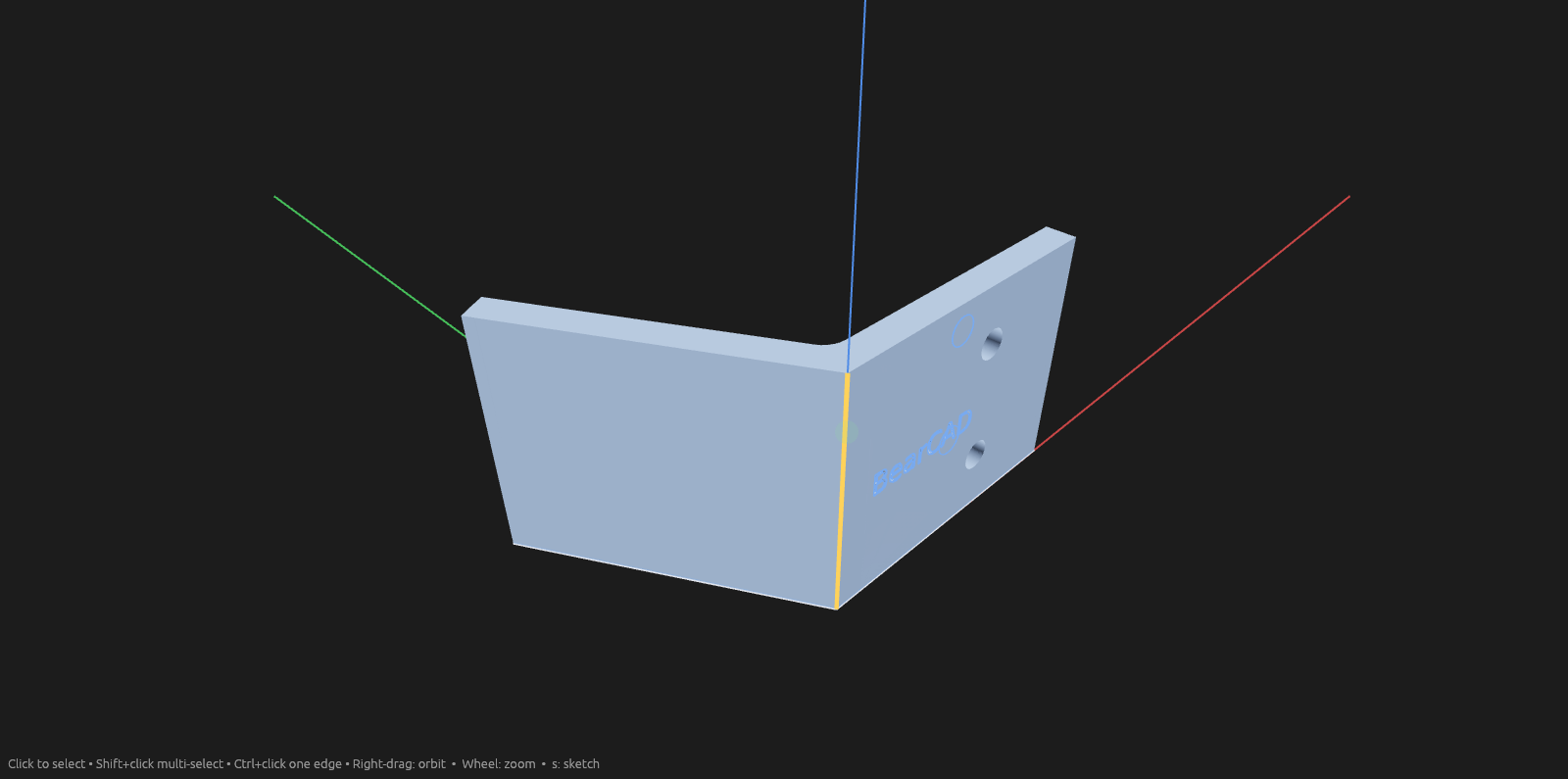 BearCAD editing the Quickstart's 120-degree bracket: rounded bend, countersunk screw holes